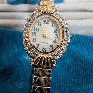 Gold and Silver Toned Quartz Watch with Crystal Accents
